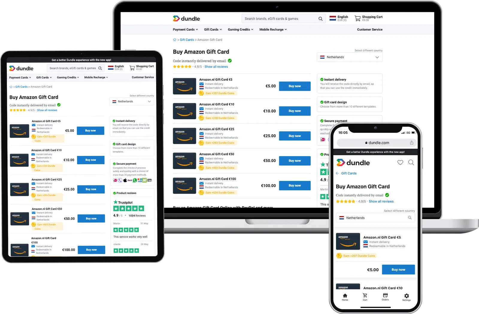 The dundle webshop on laptop, tablet and phone